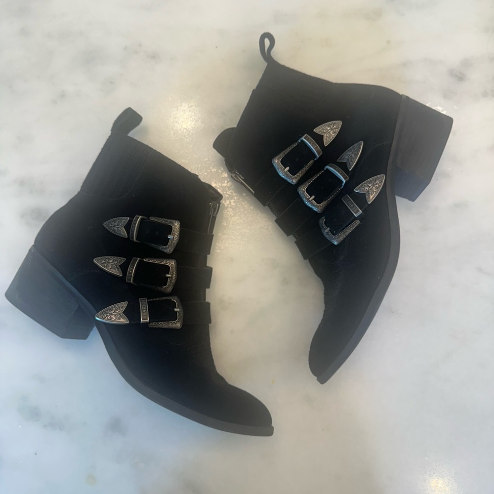 Black Leather Western Buckle Ankle Boots